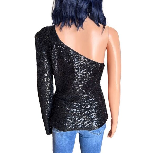 NWT Trina Turk Black Sequin One Shoulder Over The Moon Top - Picture 5 of 6